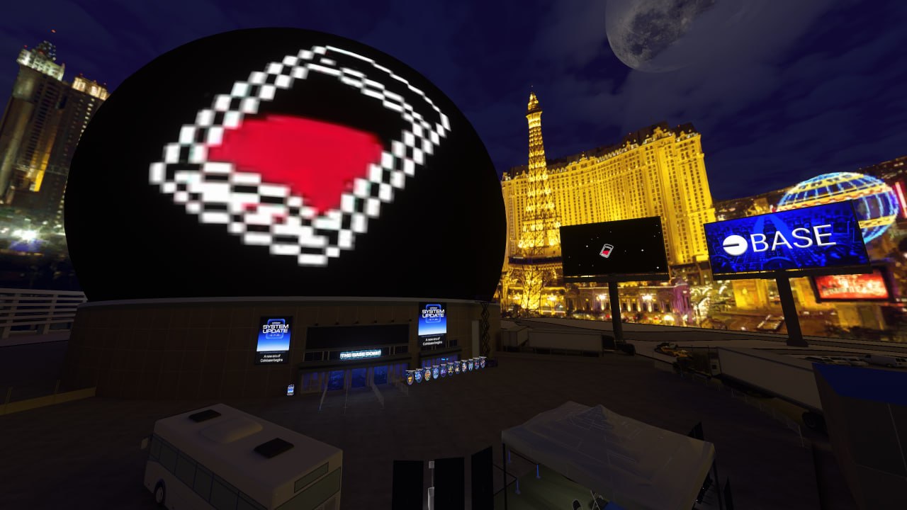 Exterior view of the Vegas Sphere-inspired Parksua world at night